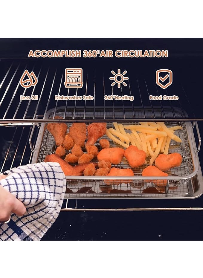 SAMUSAGYA Air Fry Basket with Tray Stainless Steel Fryer Oven Accessories Baking Crispy Chicken Pan Non Stick Grill Rectangle French Fries Rack and Carbon Pan Crisper Mesh SetNonStick ChickenFrench Onion Rings