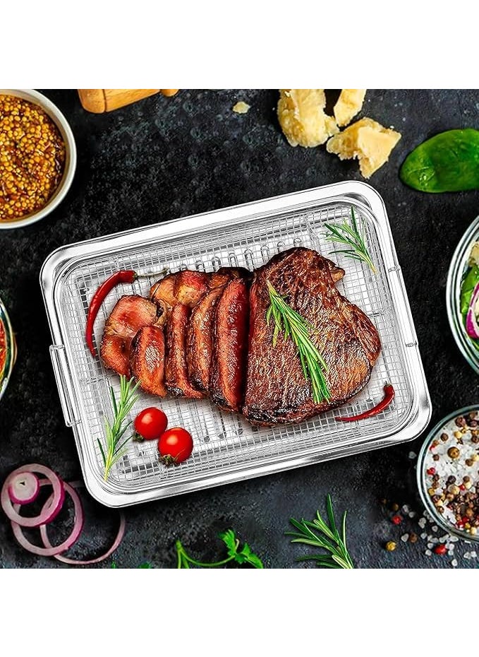 SAMUSAGYA Air Fry Basket with Tray Stainless Steel Fryer Oven Accessories Baking Crispy Chicken Pan Non Stick Grill Rectangle French Fries Rack and Carbon Pan Crisper Mesh SetNonStick ChickenFrench Onion Rings