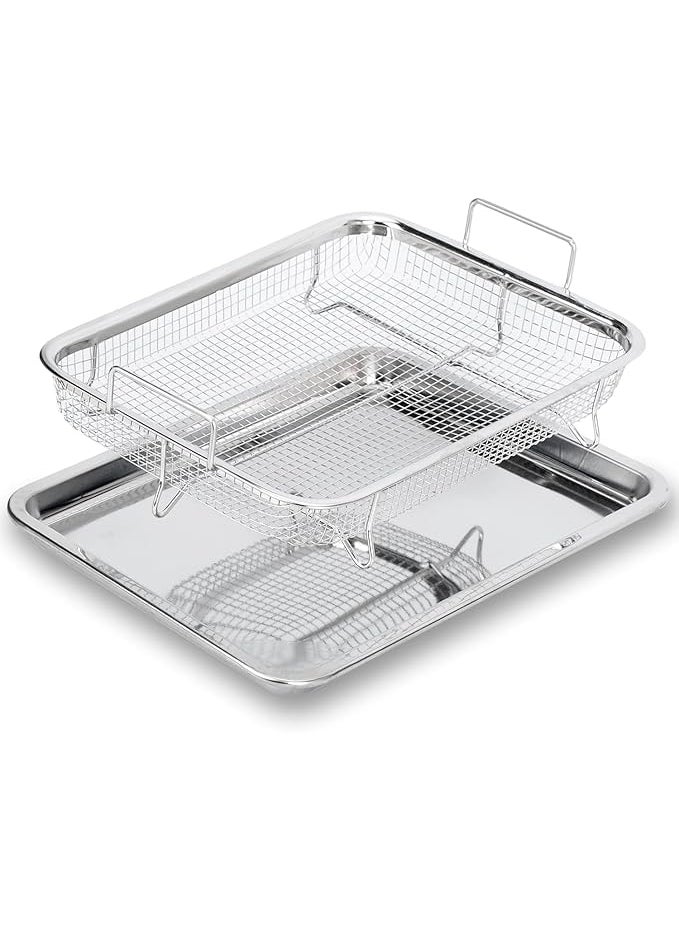 SAMUSAGYA Air Fry Basket with Tray Stainless Steel Fryer Oven Accessories Baking Crispy Chicken Pan Non Stick Grill Rectangle French Fries Rack and Carbon Pan Crisper Mesh SetNonStick ChickenFrench Onion Rings