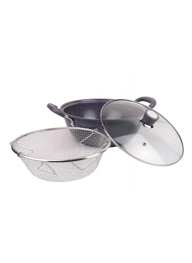 Matiko Non Stick 22cm Stir Fry pan with Glass lid Frying Basket Steam Rack Steamer Fryer Pot Pans with Glass Lid Deep Fryer Steamer And Cooker Non Stick 3 in 1 Steamer Fryer Pan