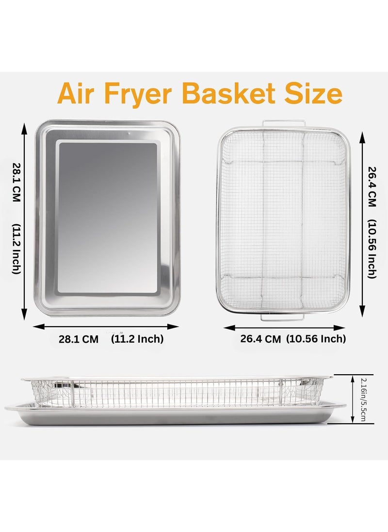 Bhajanshree 2 Pcs Air Fryer Basket with Tray for Oven Stainless Steel Crisper NonStick Mesh Set Roasting French FriesChicken Crispy Foods Healthy Cooking Large Fry NonStickDishwasher Safe Combo