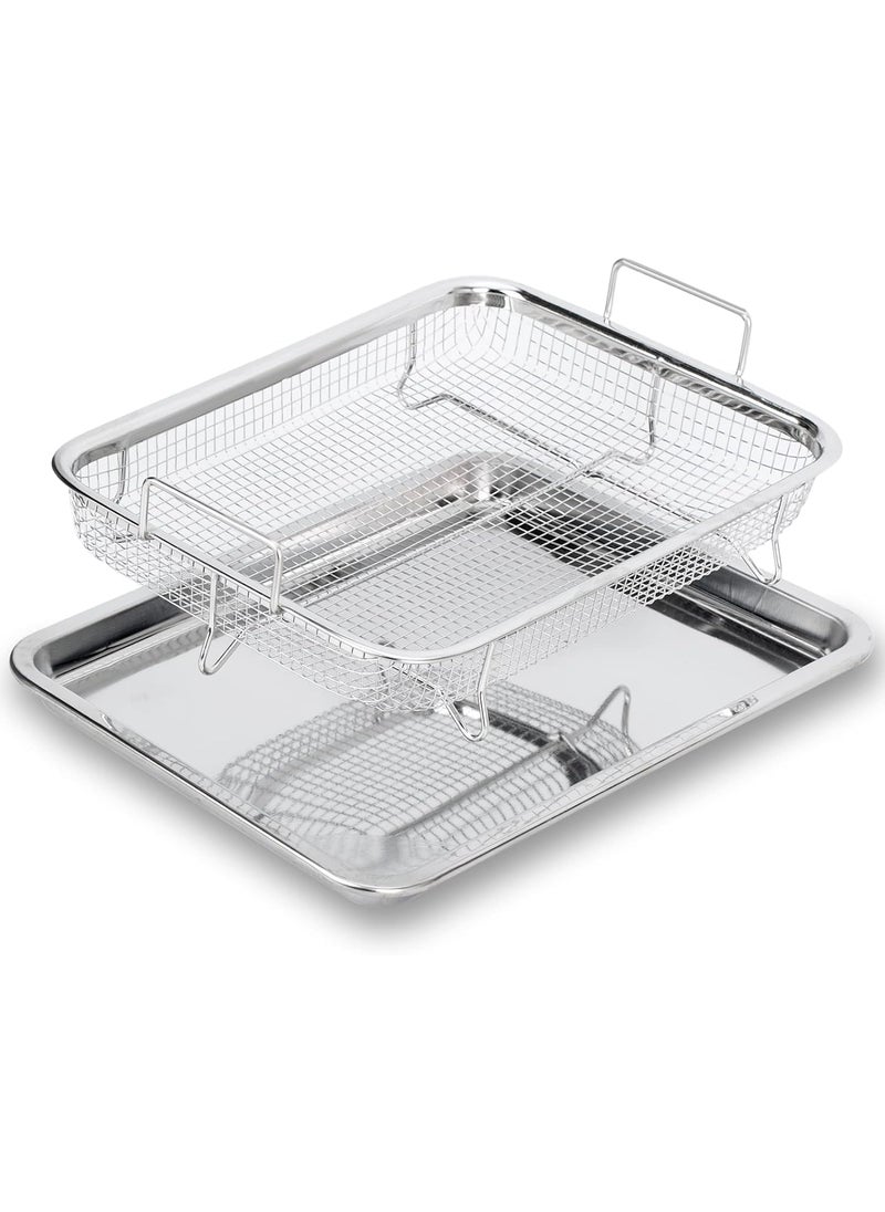 Bhajanshree 2 Pcs Air Fryer Basket with Tray for Oven Stainless Steel Crisper NonStick Mesh Set Roasting French FriesChicken Crispy Foods Healthy Cooking Large Fry NonStickDishwasher Safe Combo