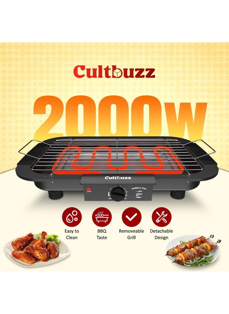 Cultbuzz Electric Barbecue Grill Smokeless Portable Adjustable Temperature Control 2000 Watt Indoor and Outdoor Water Filled Drip Tray Removable BBQ BBQ Cheese Greater