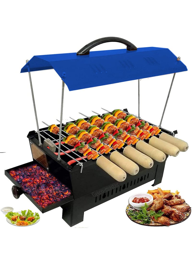 Geicomaster Electric Charcol Grill Blue Hut Shaped Ideal for Tandoori Grill Items with 6 Wooden Handle skewers
