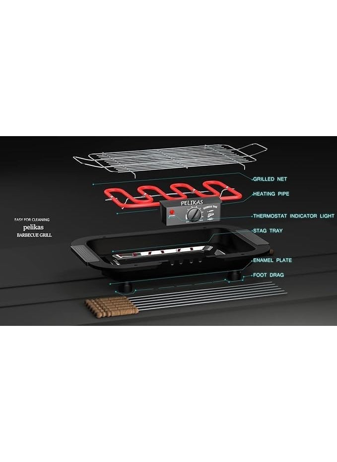 HENIRAG 2000W Electric Smokeless Portable Adjustable Temperature Control IndoorOutdoor Barbeque Grill Set For Home Removable Water Filled Drip TrayBlackElectric Bbq With Skewers Free Standing