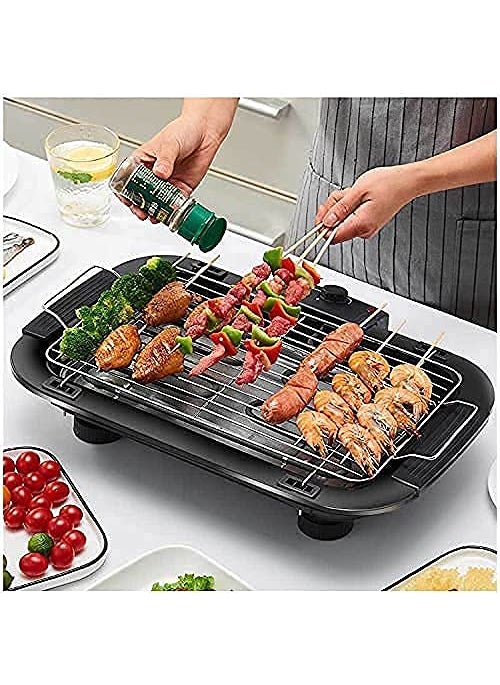 HOMETIC 2000W Electric Smokeless Portable Adjustable Temperature Control Indoor And Outdoor Barbeque Grill Set for Home Removable Water Filled Drip Tray Black Electric Bbq with Skewers