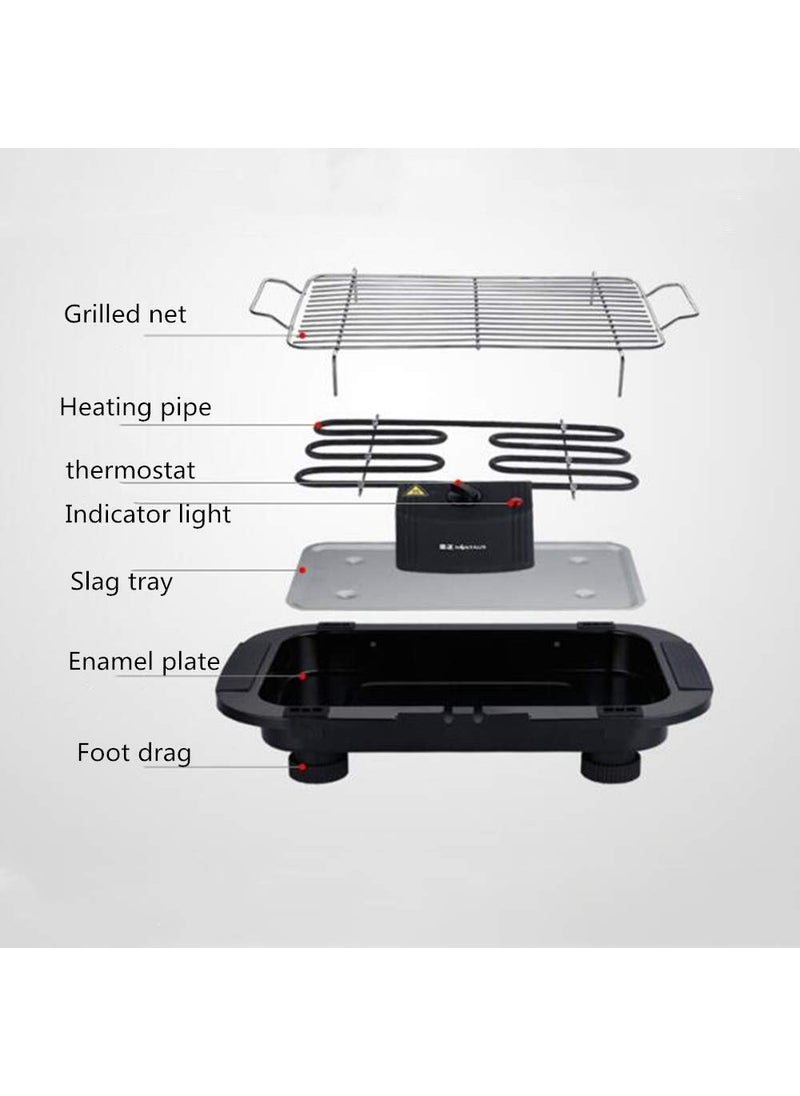 HOMETIC 2000W Electric Smokeless Portable Adjustable Temperature Control Indoor And Outdoor Barbeque Grill Set for Home Removable Water Filled Drip Tray Black Electric Bbq with Skewers