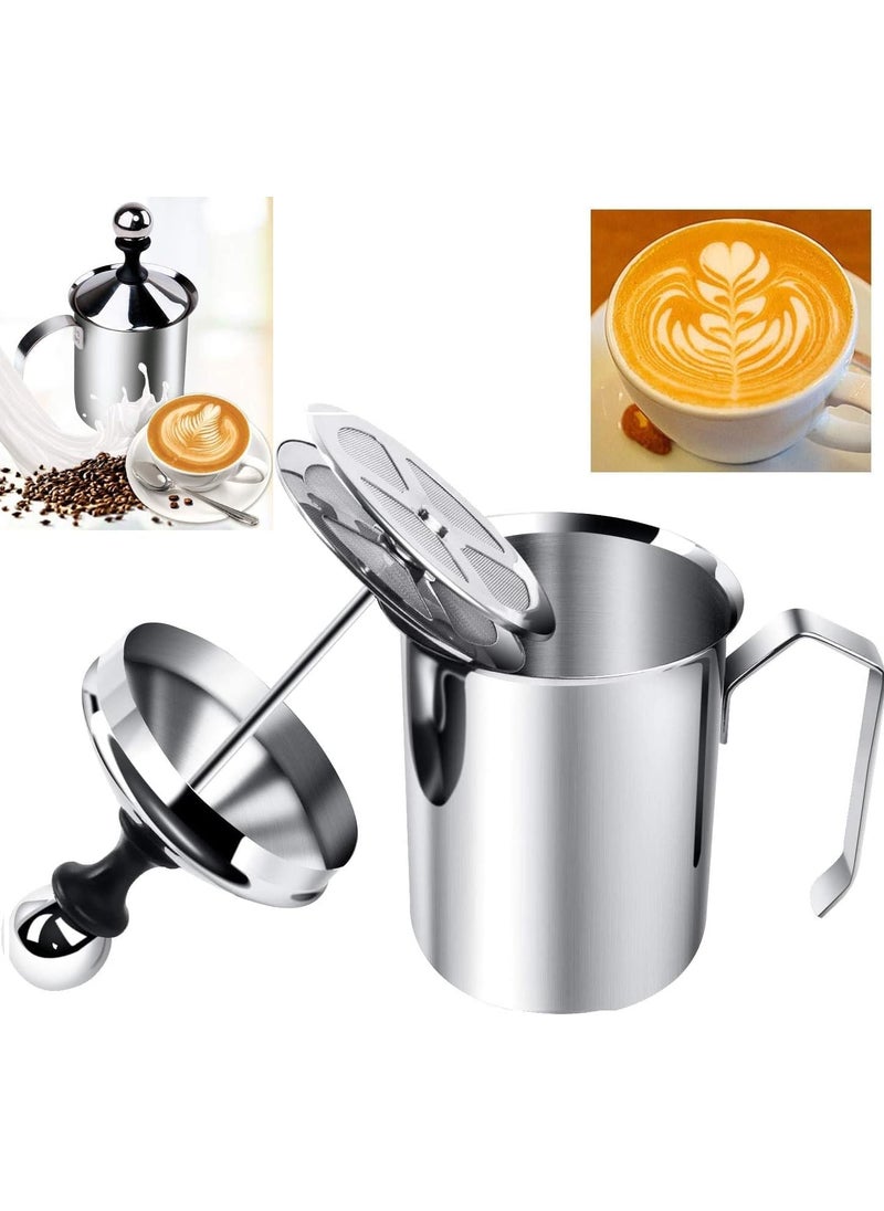 DWARIYAN Stainless Steel Milk Frother Coffee Frother BlenderManual Coffee Beater for CappuccinoFoam Maker for Hot and Cold Coffee Milk with Double Froth Pump Handle Lid400ml Silver