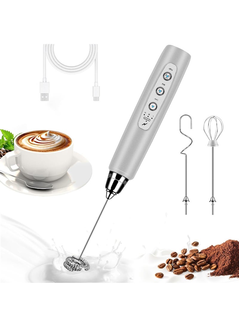 BSRGMS Milk Frother Handheld for Coffee Electric Whisk 3 Speed Adjustable Drink Mixer with Stainless 3 Whisks Rechargeable Hand Frother Wand Foam Maker for Latte Cappuccino Matcha Egg Silver