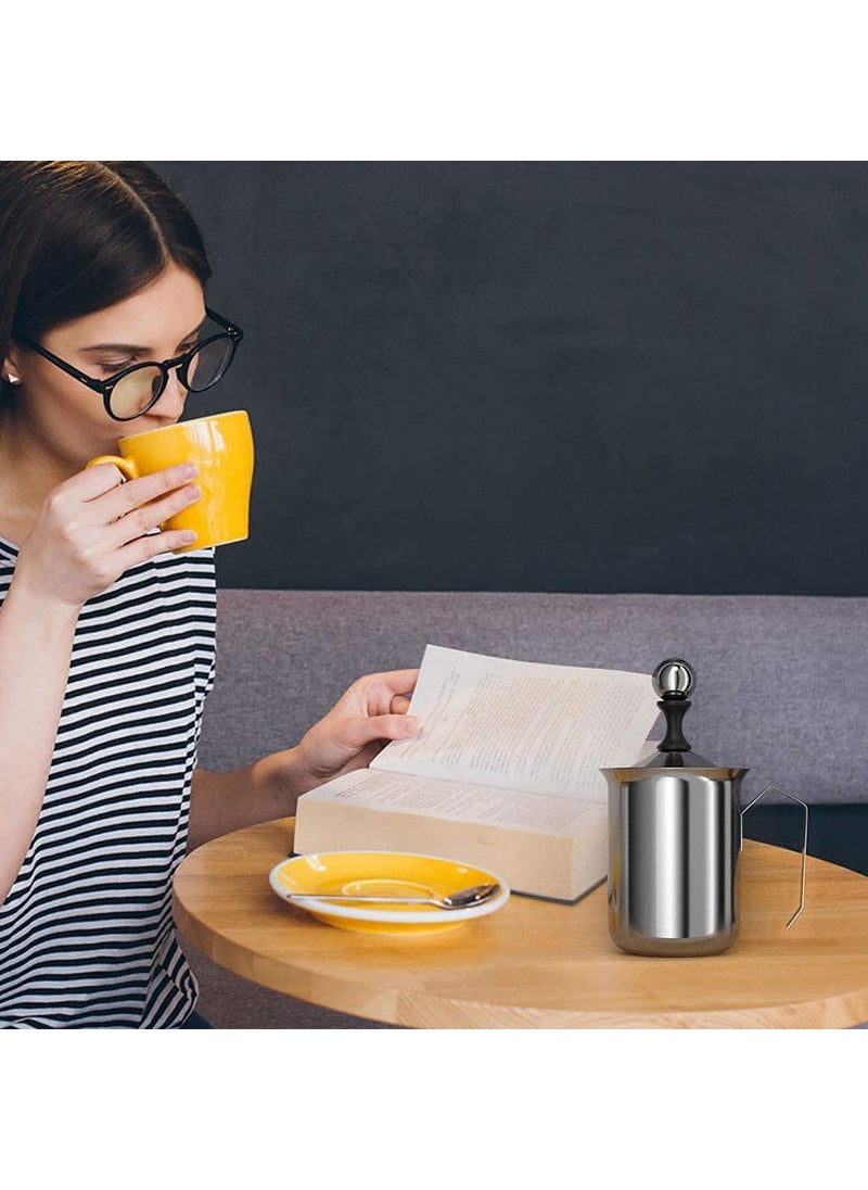 MIVARTH Stainless Steel Milk Frother Coffee Frother BlenderManual Coffee Beater for CappuccinoFoam Maker for Hot and Cold Coffee Milk with Double Froth Pump Handle Lid400ml