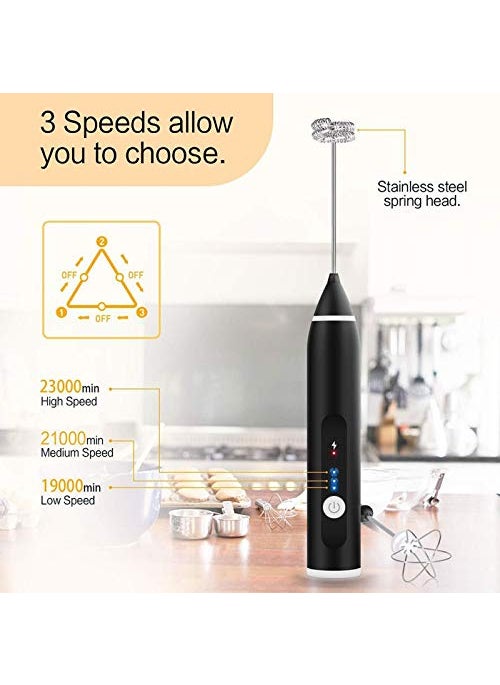DCTIMES Milk Frother USB Rechargeable 3Speed Adjustable Handheld Electric Foam Maker with 2 Stainless Whisks Mini Blender Drink Mixer for Coffee Cappuccino Latte Matcha Hot Chocolate 1