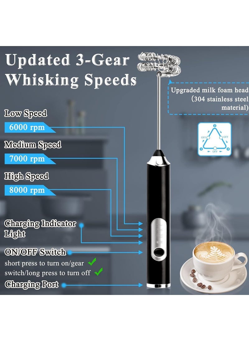 ARLICODECK Rechargeable Handheld Milk Frother 3Speed Electric Foam Maker for Coffee with 2 Whisks and Coffee Decoration Tool Coffee Frother Mixer Standup Design for Cream Latte Cappuccino