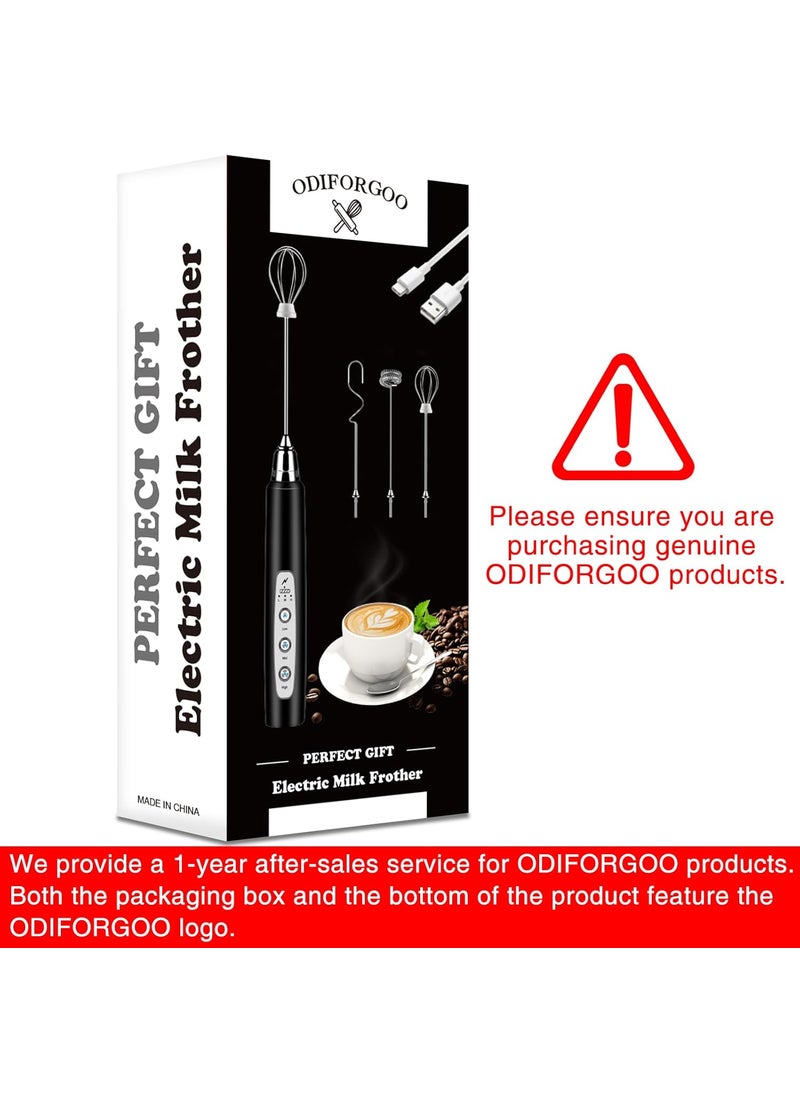ODIFORGOO Rechargeable Milk Frother Handheld Electric Foam Maker Coffee Frother Wand Detachable With 3 Stainless Whisks Drink Mixer for Lattes Cappuccino Matcha Egg No Stand Black