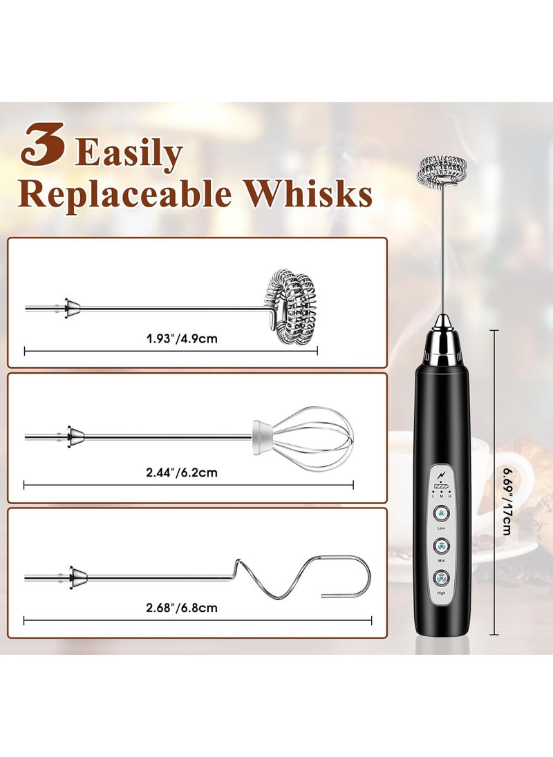 ODIFORGOO Rechargeable Milk Frother Handheld Electric Foam Maker Coffee Frother Wand Detachable With 3 Stainless Whisks Drink Mixer for Lattes Cappuccino Matcha Egg No Stand Black