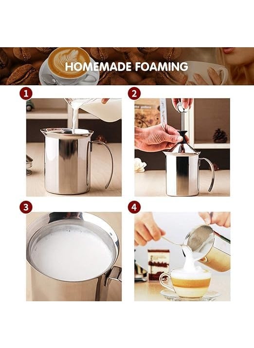 BEYKURY Stainless Steel Manual Milk Frother Handheld 400ml Coffee Foam Maker for Cappuccino Chocolate Coffee and Beating Milk