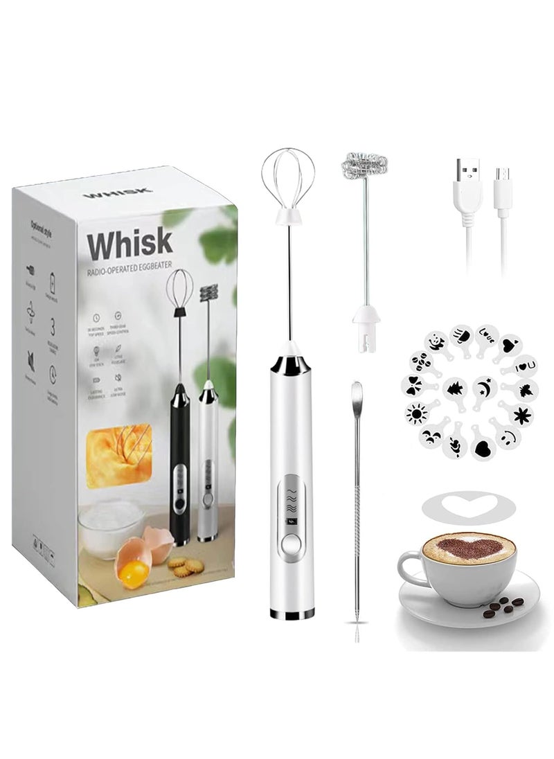 JrundMsoxz Rechargeable Milk Frother 3Speed Electric Handheld Frother for Coffee with 2 Whisks and Coffee Decoration Tool Coffee Frother Mixer Standup Design for Cream Latte Cappuccino White