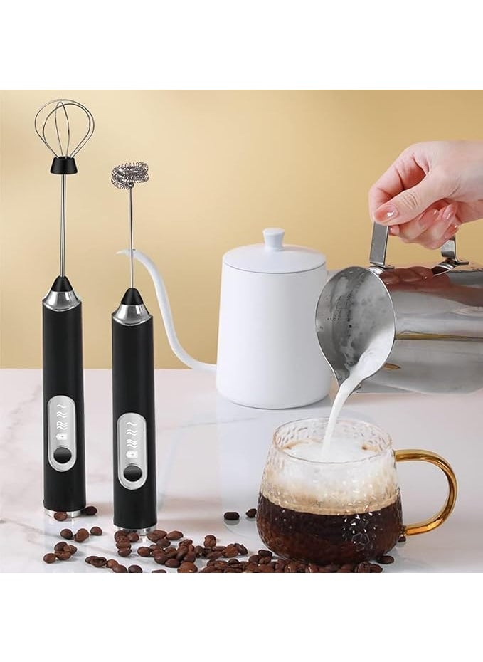 PURE NEST Rechargeable Handheld Milk Frother 3Speed Electric Foam Maker for Coffee with 2 Whisks Coffee Decoration Tool StandUp Design for Latte Cappuccino Cream More