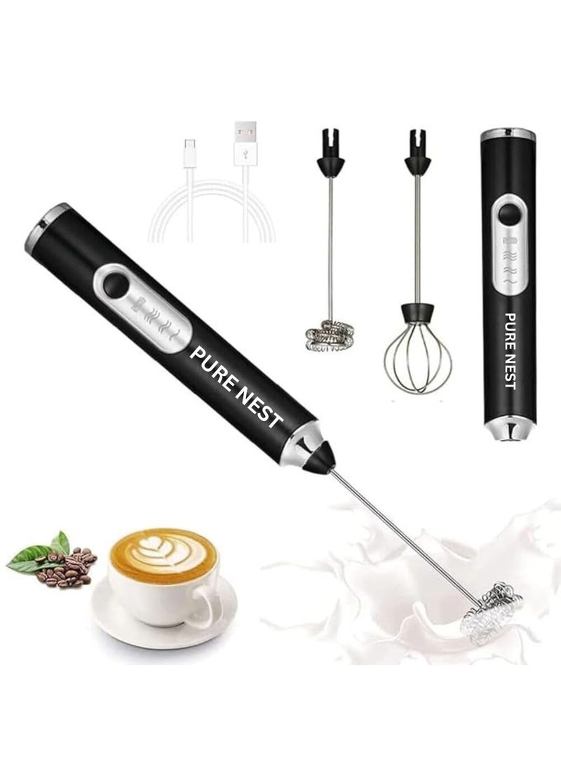 PURE NEST Rechargeable Handheld Milk Frother 3Speed Electric Foam Maker for Coffee with 2 Whisks Coffee Decoration Tool StandUp Design for Latte Cappuccino Cream More