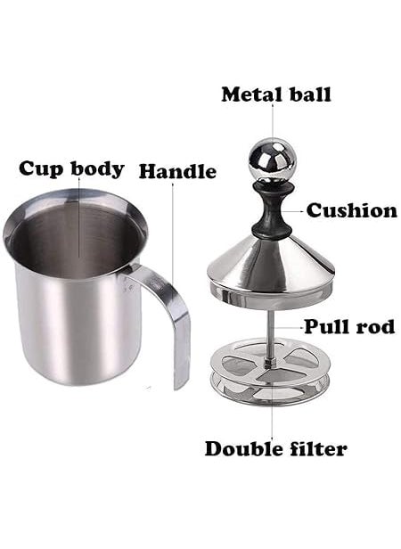 MINTOX Freezer Stainless Steel Milk Frother Cappuccino Coffee Frother Double Froth Pump Manual Milk Frother Stainless Steel Hand Pump 400ml