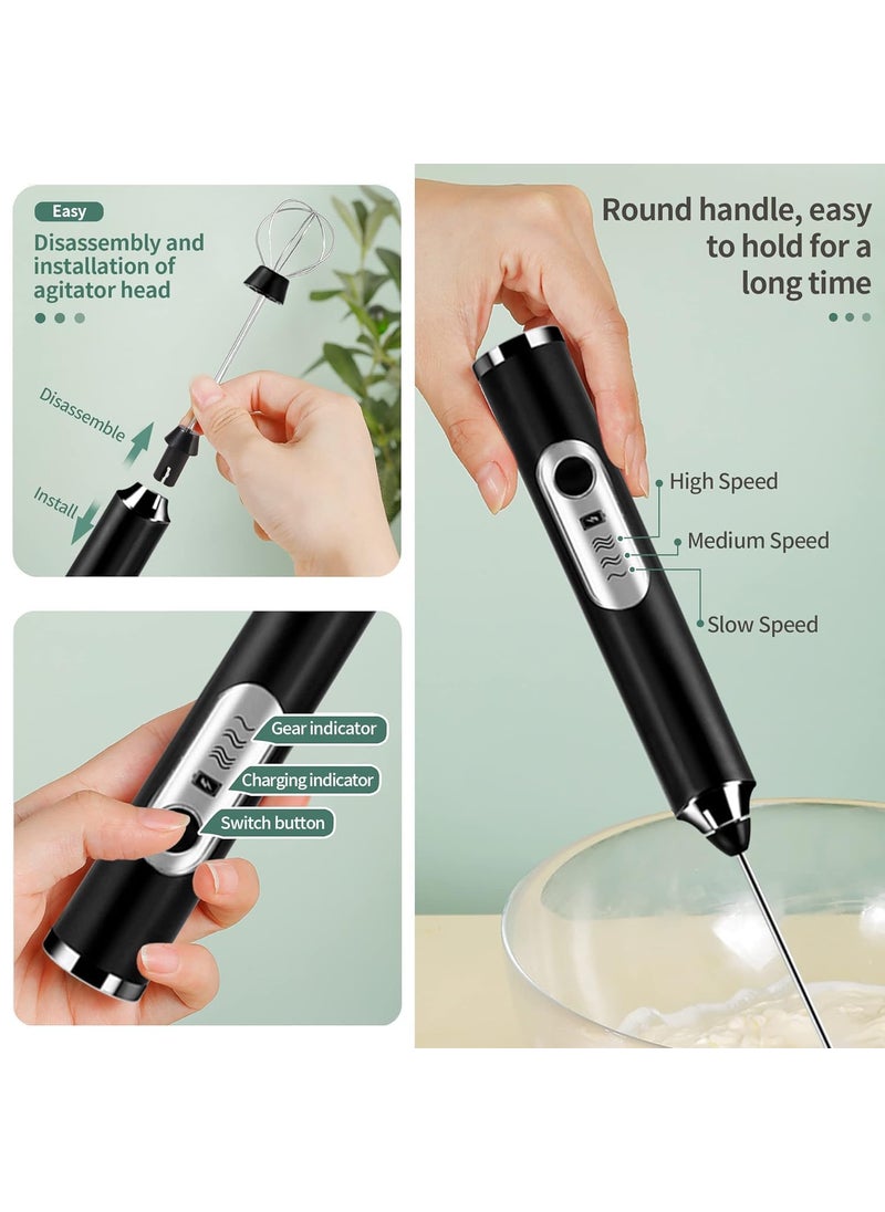 Rechargeable Handheld Milk Frother 3Speed Electric Foam Maker for Coffee with 2 Whisks and Coffee Decoration Tool Coffee Frother Mixer Standup