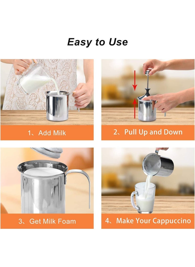 Manual Milk FrotherWOSTA Stainless Steel Hand Pump Milk Foamer Handheld Milk Frothing PitchersManual Operated Milk Foam Maker for Cappuccions and Coffee Latte 14Ounce 400ml