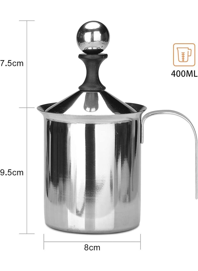 Manual Milk FrotherWOSTA Stainless Steel Hand Pump Milk Foamer Handheld Milk Frothing PitchersManual Operated Milk Foam Maker for Cappuccions and Coffee Latte 14Ounce 400ml