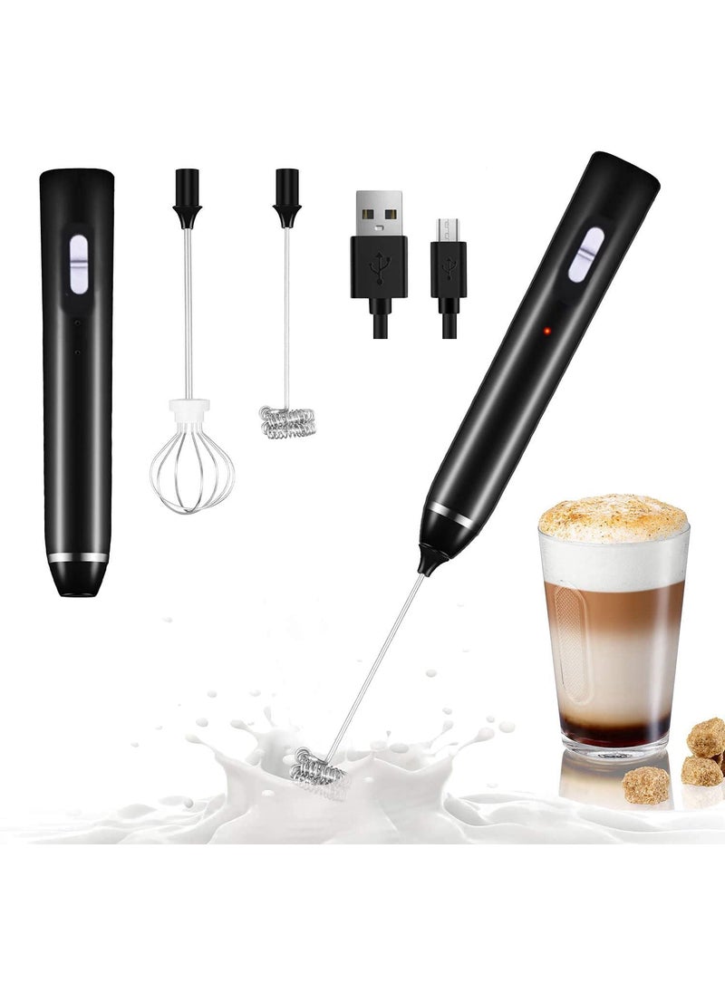 Milestore Milk Frother Handheld USB Rechargeable Electric Foam Maker for Coffee Cappuccino Egg Mix 2 Whisks for Coffee Frother Black