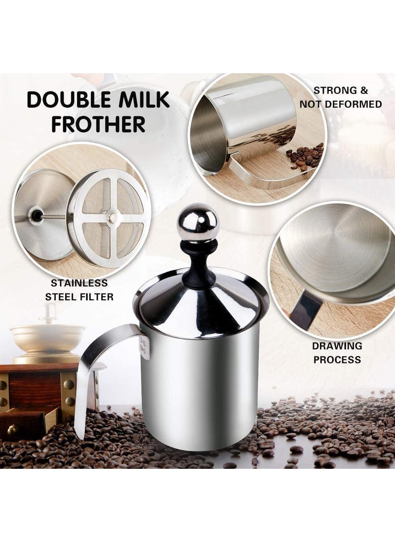 GLNRM Stainless Steel Milk Frother Manual Milk Creamer Hand Pump Frother Cappuccino Latte Coffee Foam Pitcher with Handle Lid Double Layer Filter Screen Warm Cold Milk Foamer 400ml