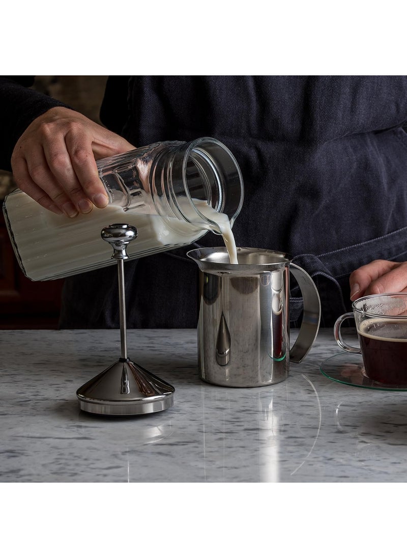 GLNRM Stainless Steel Milk Frother Manual Milk Creamer Hand Pump Frother Cappuccino Latte Coffee Foam Pitcher with Handle Lid Double Layer Filter Screen Warm Cold Milk Foamer 400ml