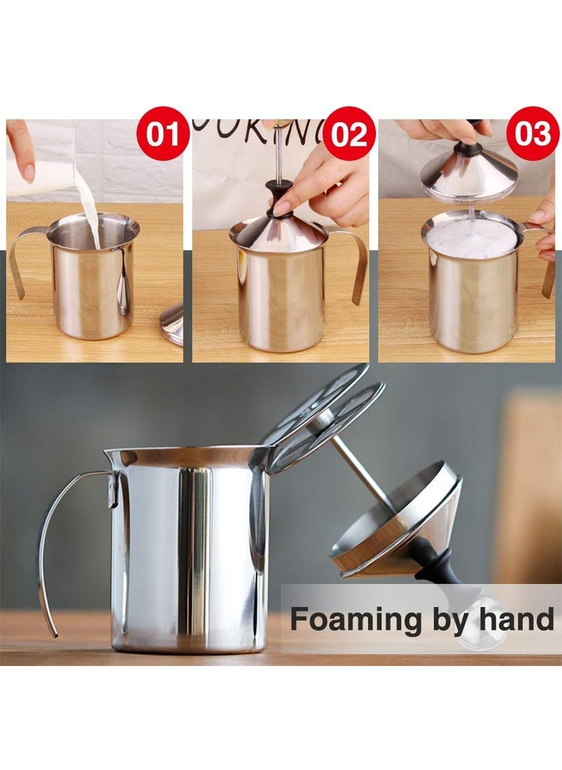GLNRM Stainless Steel Milk Frother Manual Milk Creamer Hand Pump Frother Cappuccino Latte Coffee Foam Pitcher with Handle Lid Double Layer Filter Screen Warm Cold Milk Foamer 400ml