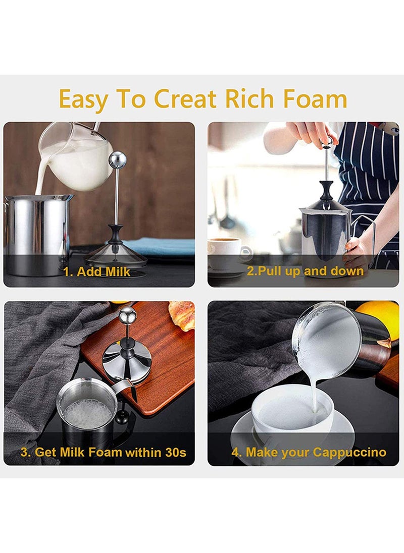 Anugrah Manual Milk Frother Stainless Steel Hand Pump Milk Frother Cappuccino Coffee Frother Double Froth Pump Milk Coffee Foam Maker Mixer Hand Blender Creamer Beater 400ml