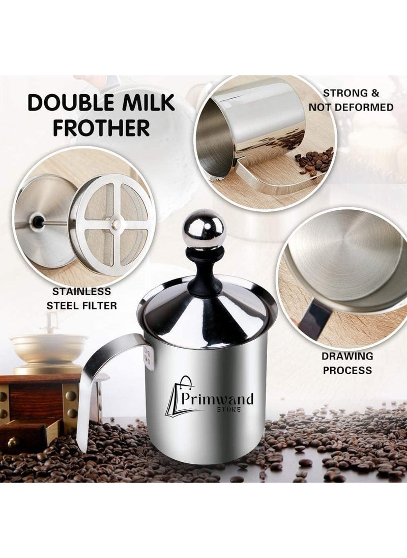 Primwand Stainless Steel Manual Milk Frother Hand Pump Foam Maker with Double Froth Pump for Hot Cold Coffee Lattes Cappuccinos