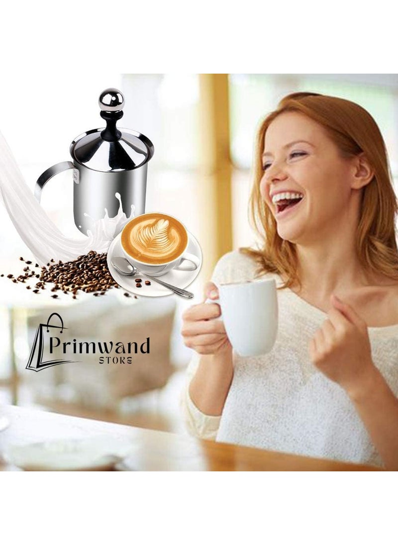 Primwand Stainless Steel Manual Milk Frother Hand Pump Foam Maker with Double Froth Pump for Hot Cold Coffee Lattes Cappuccinos