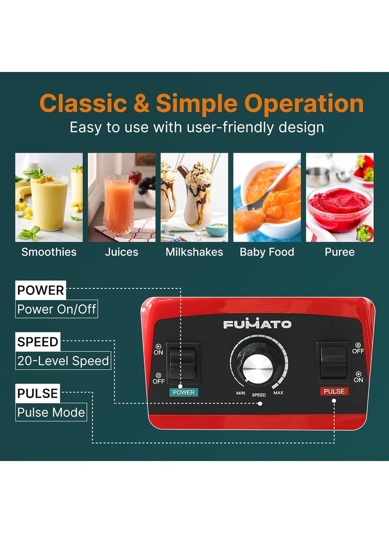 FUMATO Commercial Blender 2200W Heavy Duty High Power Speed 100 Copper Motor Pulse Function 6Leaf SS Blade 2L Unbreakable Jar