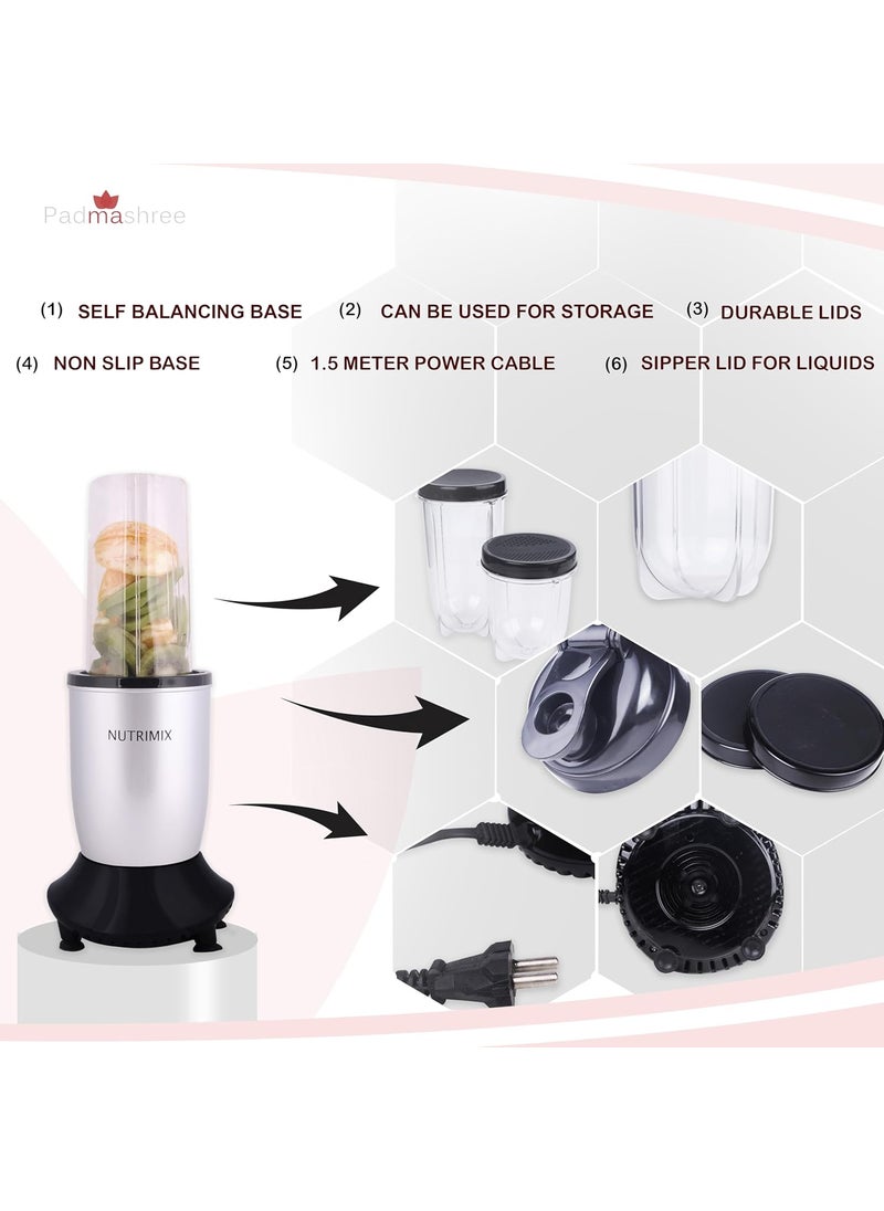 NutriMix Blender Mixer and Grinder Juicer Mixer Grinder 3 Jar 2 Blade 1 Sipper Cap for Smoothie Maker Blender Chopper 22000 RPM full copper Motor 500 Watts 2 Year WarrantyLidsSilver