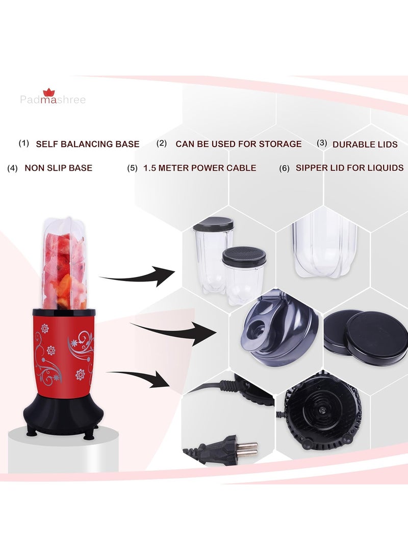 Padmashree Nutri Blender Bullet Mixer Grinder Juicer 600 Watts MultiFunctional 3 Jars With 2 Blades 20000 RPM Full Copper Motor 3 Storage Jar for Smoothies Coffee Soup 2Year Warranty Red