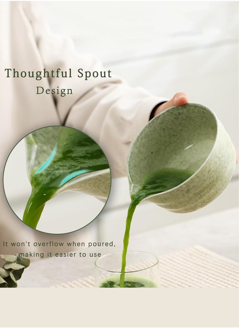 4-piece Japanese Matcha Set with Spout, Ceramic Matcha Bowl+Whisk Holder+Bamboo Whisk+Spoon,for Traditional Tea Ceremony-Coarse Ceramic Perfect Handmade Matcha Kit to Prepare Traditional Matcha Tea, 100% Natural Matcha Gift Kit (Green)