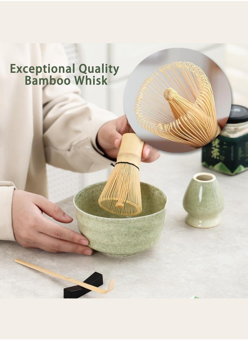 4-piece Japanese Matcha Set with Spout, Ceramic Matcha Bowl+Whisk Holder+Bamboo Whisk+Spoon,for Traditional Tea Ceremony-Coarse Ceramic Perfect Handmade Matcha Kit to Prepare Traditional Matcha Tea, 100% Natural Matcha Gift Kit (Green)