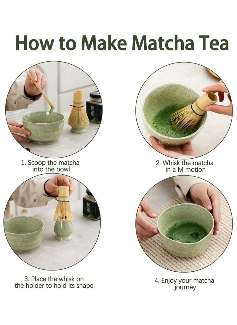 4-piece Japanese Matcha Set with Spout, Ceramic Matcha Bowl+Whisk Holder+Bamboo Whisk+Spoon,for Traditional Tea Ceremony-Coarse Ceramic Perfect Handmade Matcha Kit to Prepare Traditional Matcha Tea, 100% Natural Matcha Gift Kit (Green)