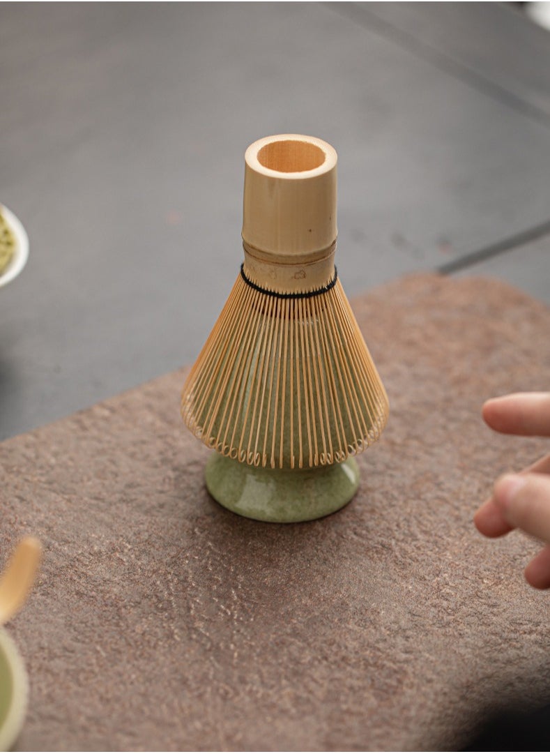 4-piece Japanese Matcha Set with Spout, Ceramic Matcha Bowl+Whisk Holder+Bamboo Whisk+Spoon,for Traditional Tea Ceremony-Coarse Ceramic Perfect Handmade Matcha Kit to Prepare Traditional Matcha Tea, 100% Natural Matcha Gift Kit (Green)