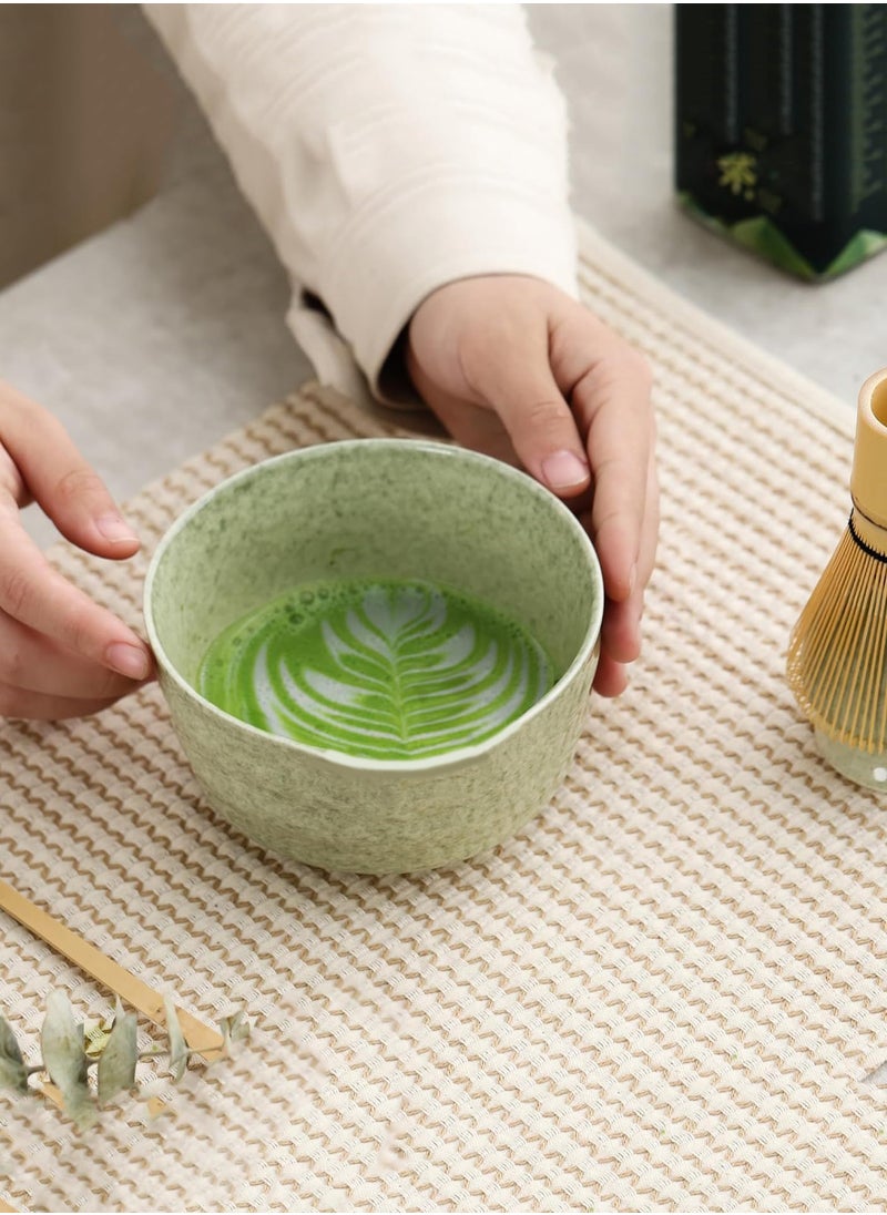4-piece Japanese Matcha Set with Spout, Ceramic Matcha Bowl+Whisk Holder+Bamboo Whisk+Spoon,for Traditional Tea Ceremony-Coarse Ceramic Perfect Handmade Matcha Kit to Prepare Traditional Matcha Tea, 100% Natural Matcha Gift Kit (Green)