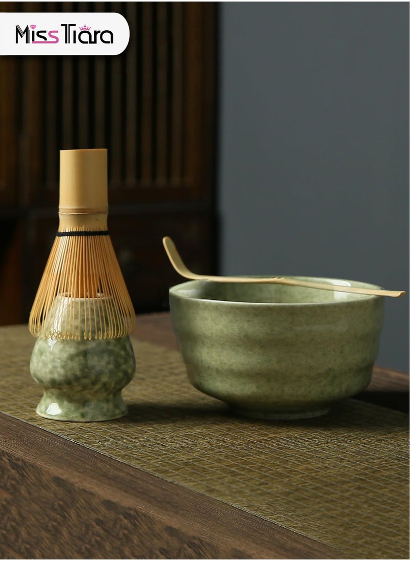 4-piece Japanese Matcha Set with Spout, Ceramic Matcha Bowl+Whisk Holder+Bamboo Whisk+Spoon,for Traditional Tea Ceremony-Coarse Ceramic Perfect Handmade Matcha Kit to Prepare Traditional Matcha Tea, 100% Natural Matcha Gift Kit (Green)