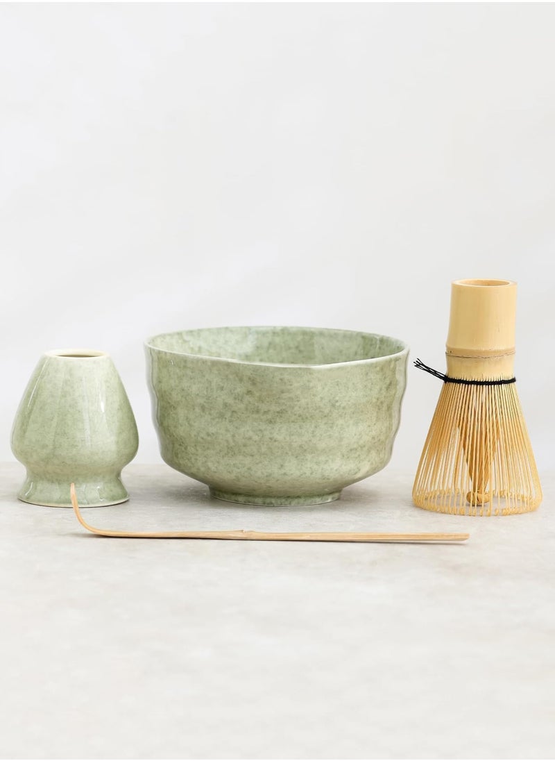 4-piece Japanese Matcha Set with Spout, Ceramic Matcha Bowl+Whisk Holder+Bamboo Whisk+Spoon,for Traditional Tea Ceremony-Coarse Ceramic Perfect Handmade Matcha Kit to Prepare Traditional Matcha Tea, 100% Natural Matcha Gift Kit (Green)