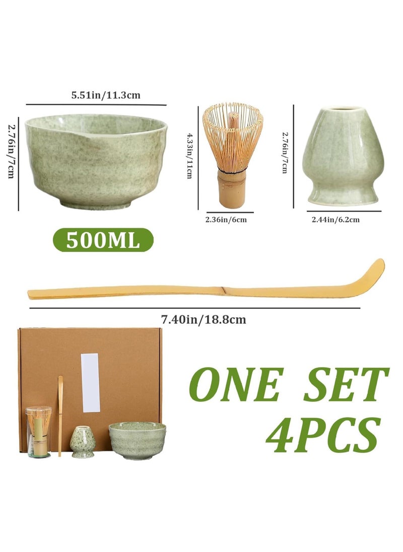 4-piece Japanese Matcha Set with Spout, Ceramic Matcha Bowl+Whisk Holder+Bamboo Whisk+Spoon,for Traditional Tea Ceremony-Coarse Ceramic Perfect Handmade Matcha Kit to Prepare Traditional Matcha Tea, 100% Natural Matcha Gift Kit (Green)