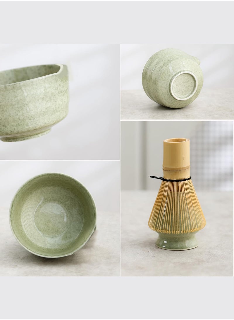 4-piece Japanese Matcha Set with Spout, Ceramic Matcha Bowl+Whisk Holder+Bamboo Whisk+Spoon,for Traditional Tea Ceremony-Coarse Ceramic Perfect Handmade Matcha Kit to Prepare Traditional Matcha Tea, 100% Natural Matcha Gift Kit (Green)