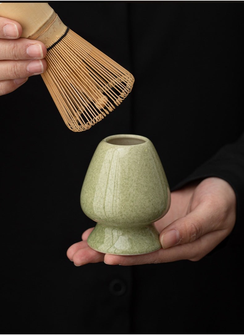4-piece Japanese Matcha Set with Spout, Ceramic Matcha Bowl+Whisk Holder+Bamboo Whisk+Spoon,for Traditional Tea Ceremony-Coarse Ceramic Perfect Handmade Matcha Kit to Prepare Traditional Matcha Tea, 100% Natural Matcha Gift Kit (Green)