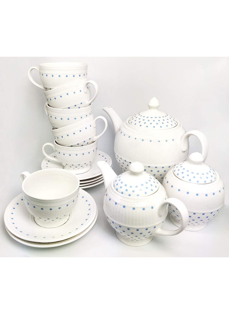 Dandy Lines Bone China Crown Tea Set Dots Blue Pack of 18