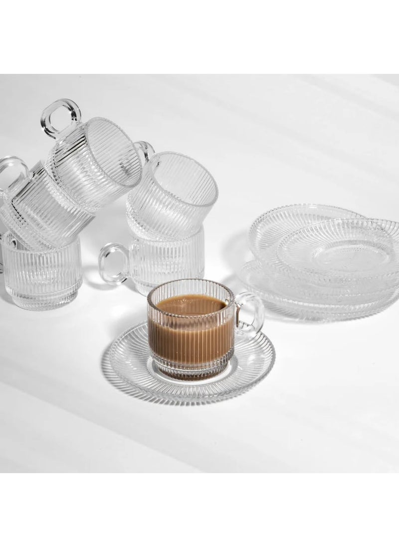 MARTVIA Premium Classic Glass Tea Coffee Cup and Saucer 250 ML for Transparent Espresso Cappuccino Cups and Saucer Set for Coffee Green Tea Lemon Tea More Royal Set 6 Cup and 6 Saucer