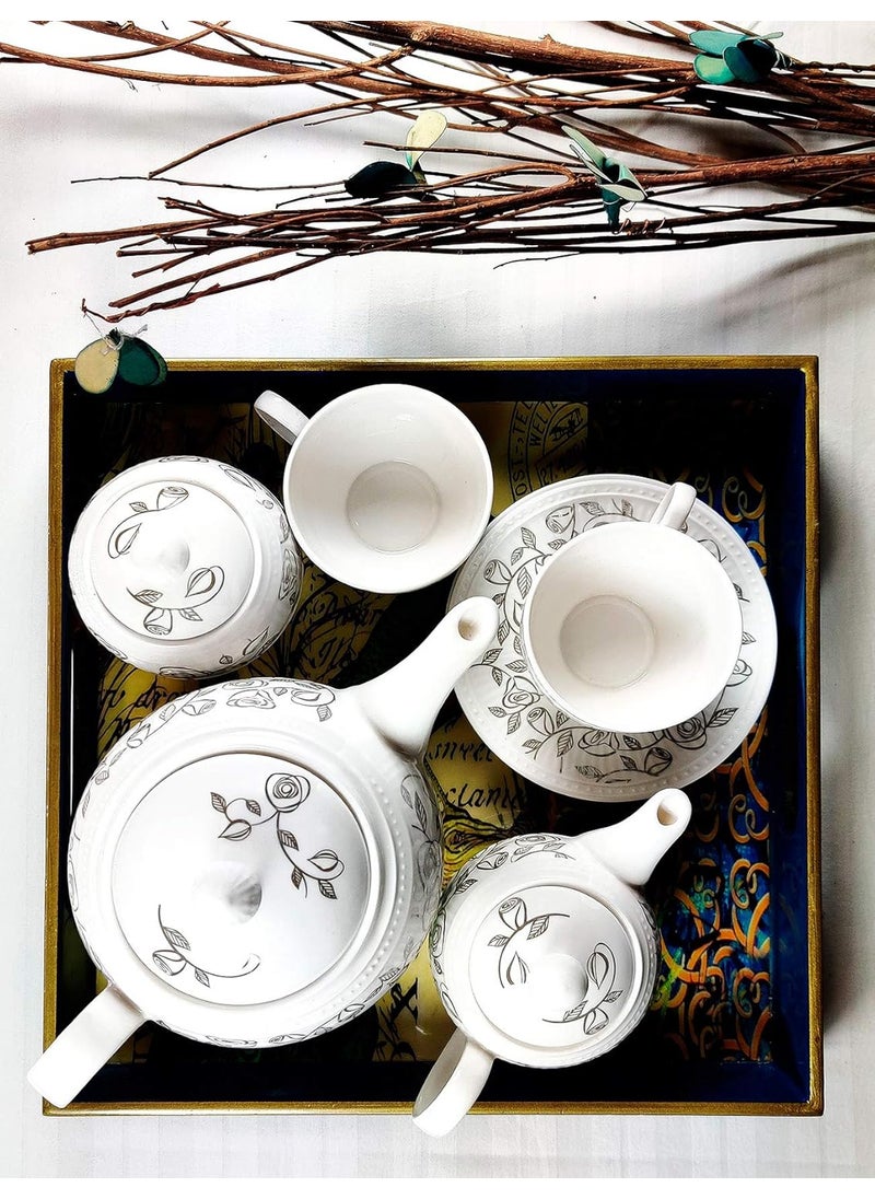 Dandy Lines Bone China Crown Tea Set Platinum Carpet Silver Pack of 18