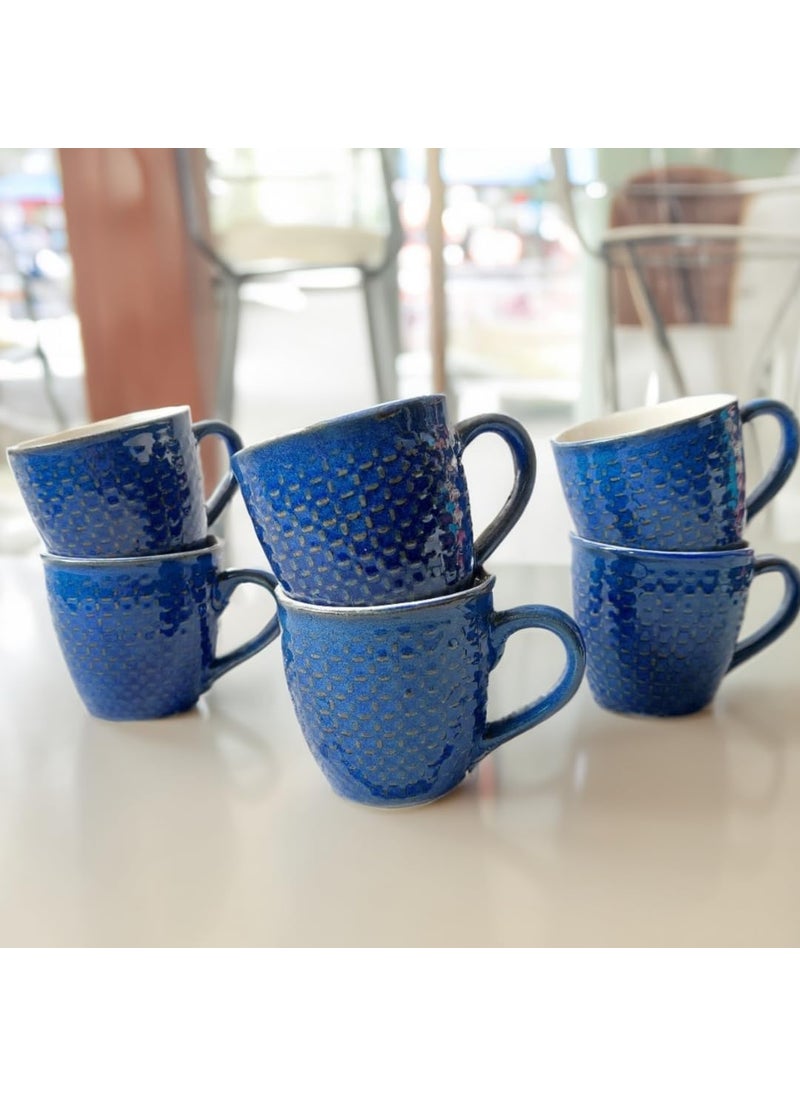CHEENI MAATI Tea Coffee Cup Chai Mug Serving Set Print Ceramic Clay Solid Blue Microwave Dishwasher Safe Standard Size for Daily Use Gifted on Any Occasion Set of 6 150 ML Capacity
